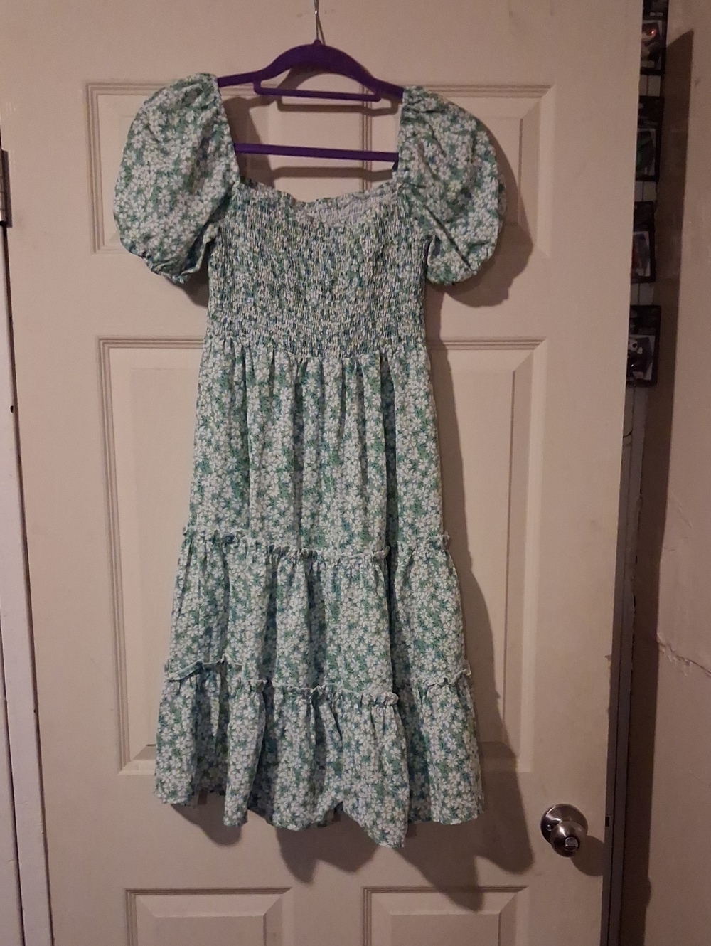 Girls' Green Floral Puff-Sleeve Smocked Dress